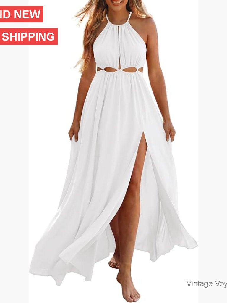 Sleeveless Halter Maxi Dress Cutout Backless Slit Boho Beach Wedding Guest
